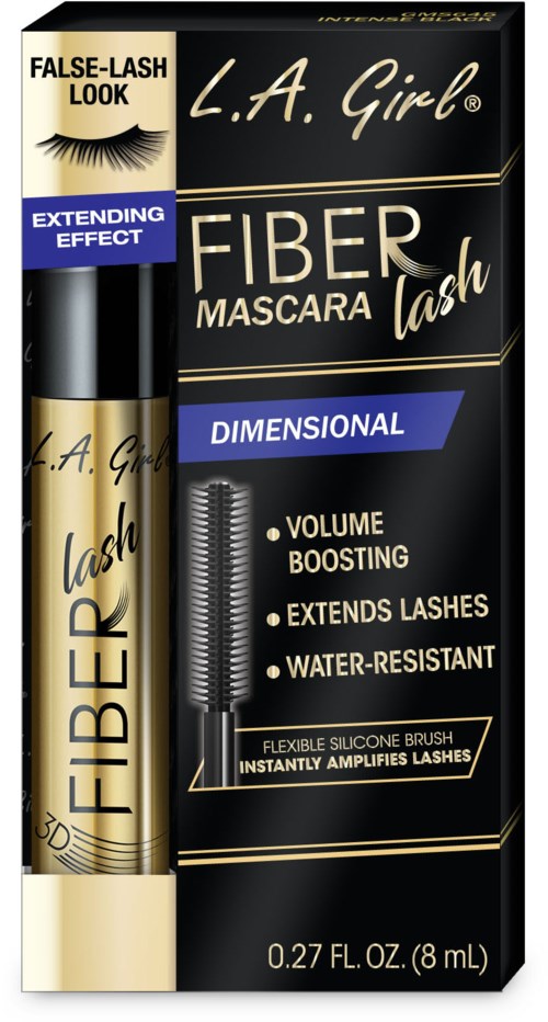 L.A. Girl Fiber Lash ripsiväri rasia, joka on musta, kulta ja sininen, korostaa volyymia, pituutta ja vettä kestävää ominaisuutta.