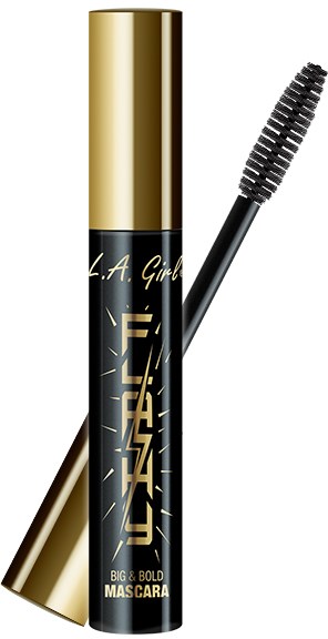 En svart mascara-rör med guldkork och fet text för L.A. Girl Big & Bold Mascara.