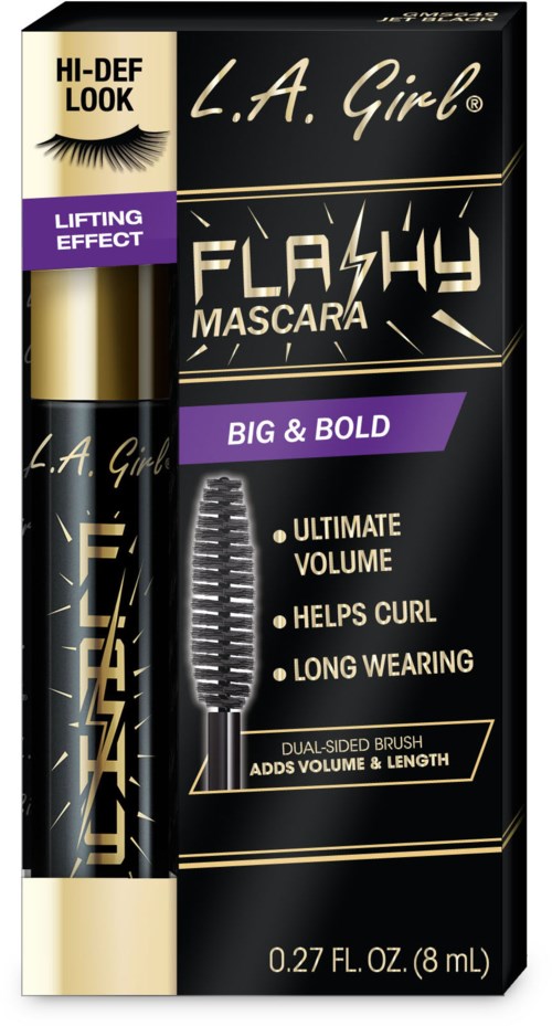 L.A. Girl Flashy Mascara låda reklamierar lyft, volym och böj, med en dubbelborst för varaktiga, djärva fransar.