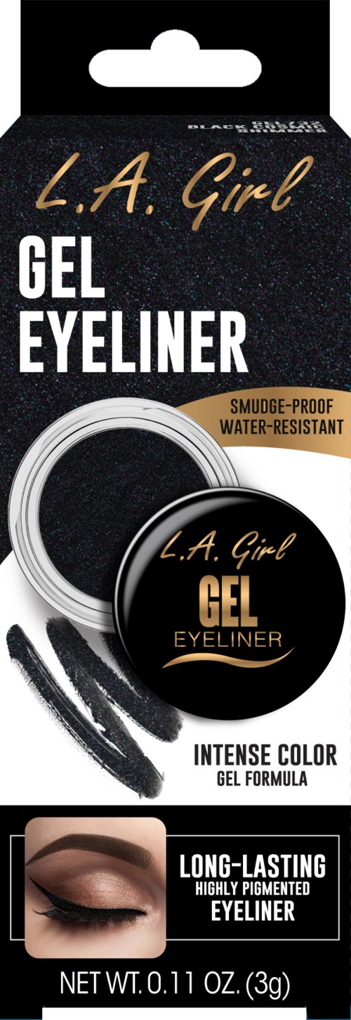 En eske med svart gel-eyeliner med gullig og hvit tekst, viser en strek og et modelløyne med eyeliner.