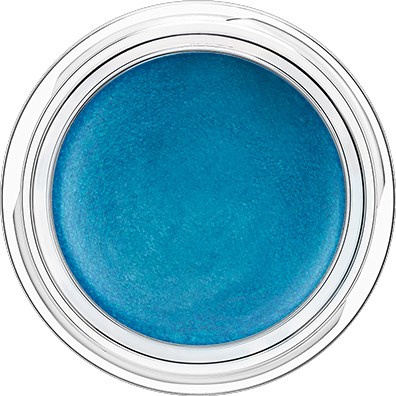 En rund behållare med ljusblå pigment inuti, omgivet av ett vitt och genomskinligt lock.