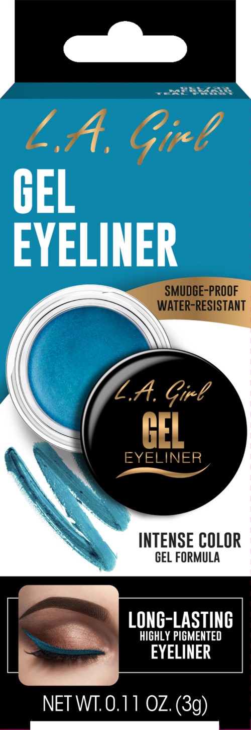 Gel-eyeliner i en liten rund behållare, blå färg, vattentålig, smeta inte, håller länge, mycket pigmenterad.