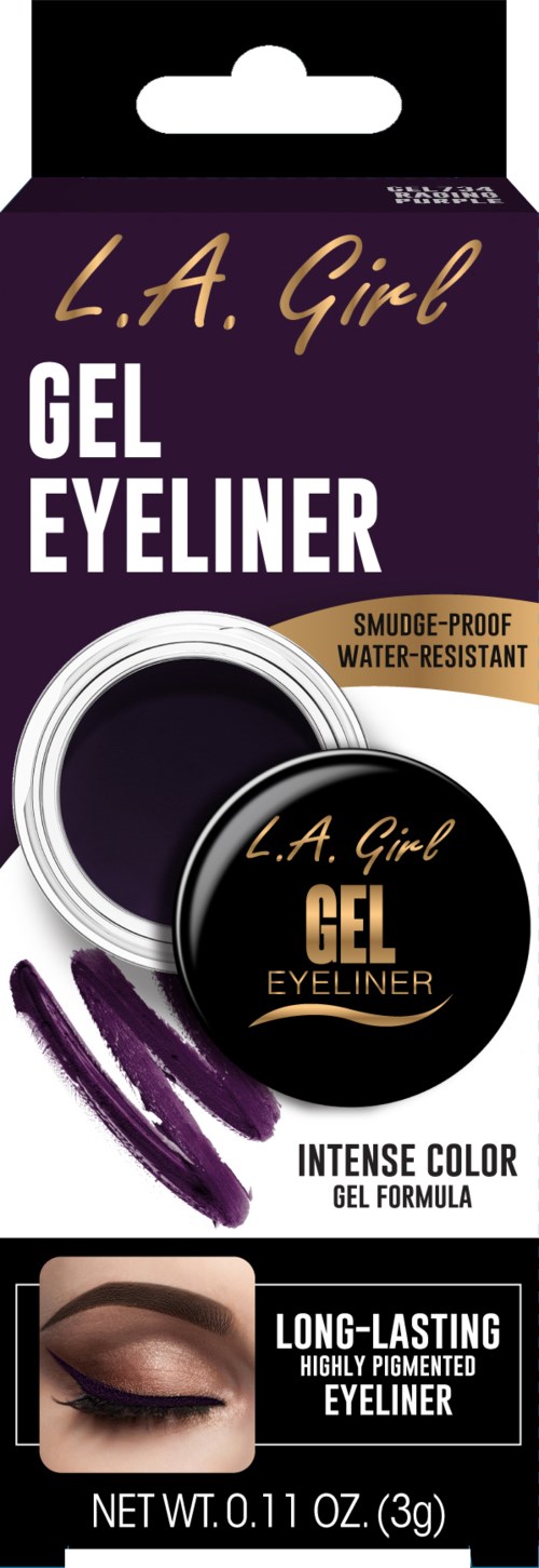 En box gel eyeliner med svart och lila design, visar produkten i en liten rund burk. Den visar att den är vattentät.