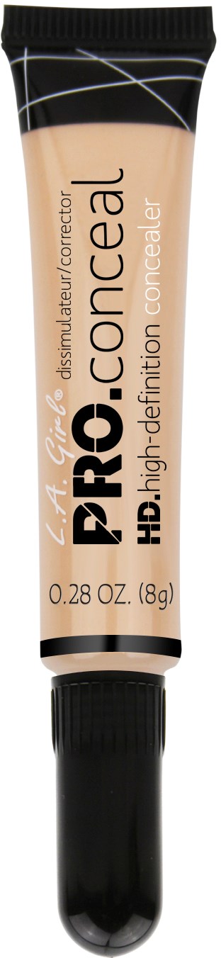En tub med HD high-definition concealer med svart lock och beige kropp, visar varumärke och produktuppgifter.