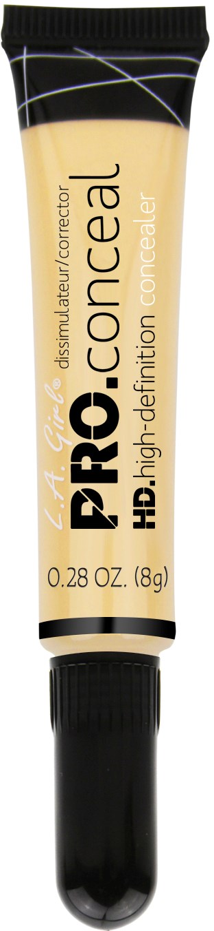 En tub med PRO HD high-definition concealer, halvfull, med svart lock och beige förpackning.