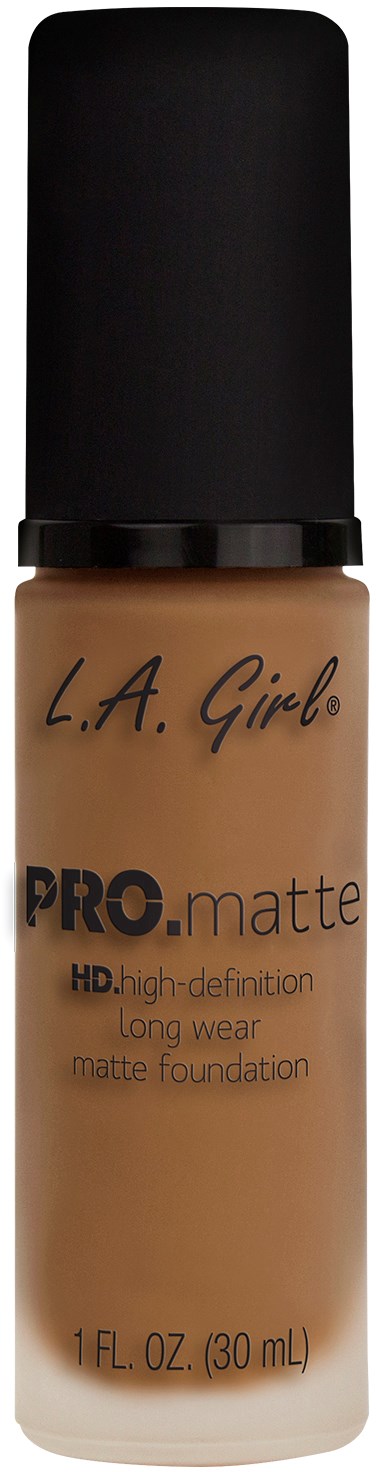 En flaska L.A. Girl PRO matta foundation i en brunsnygg nyans med svart lock.