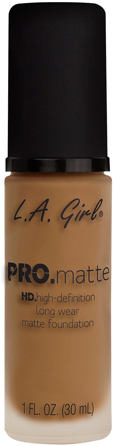 En flaska L.A. Girl PRO matte foundation, 30 ml, med svart lock och beige vätska inuti.