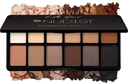 Eyeshadow-palett med olika nyanser, inklusive ljusa, bruna, grå och svarta färger, märkt 'The NuDEST' och 'MEHRAB.'