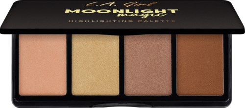 En makeup-palett med fyra skimrande och matta nyanser, från ljus persika till mörkbrun, i ett svart fodral.