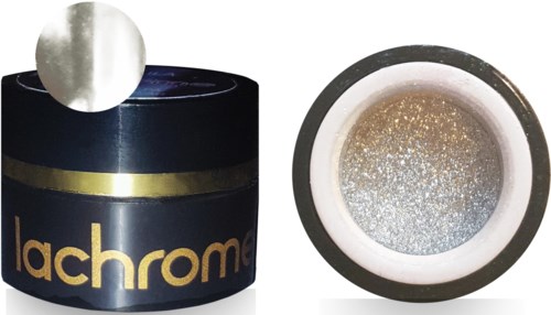 En burk med glänsande guldglitter och en liten skopa med glitter.