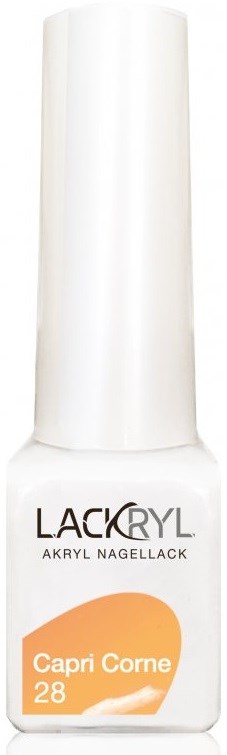 Vit nagellacksflaska märkt "LACKRYL," med namnet "Capri Corne 28" och en orange design.