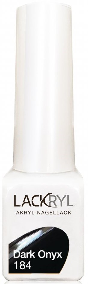 Vit nagellackflaska med svart etikett som säger 'Dark Onyx 184' och 'LACRYL'-logg.