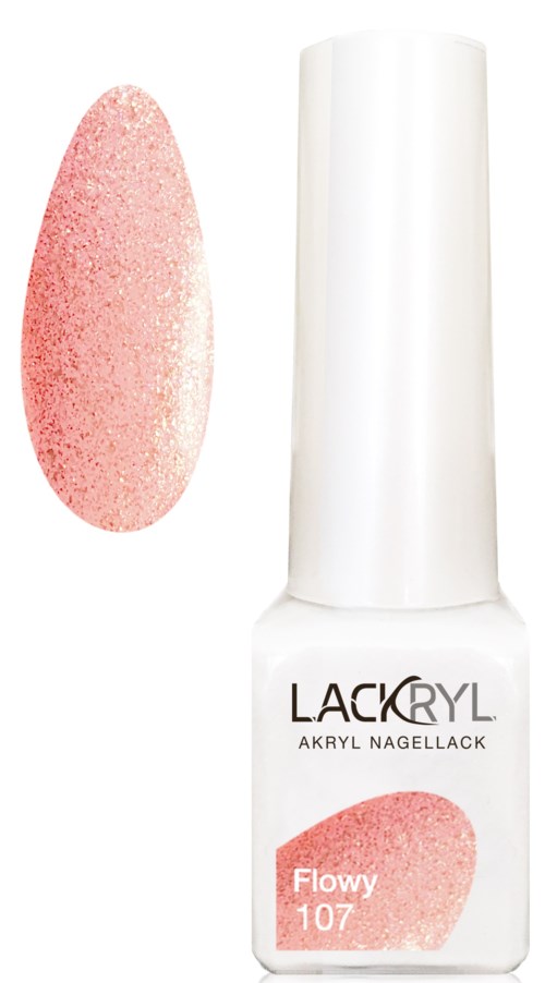 En vit nagellackflaska märkt 'LACKRYL' med en rosa, glitterig nagellacksprov och en rosa oval på etiketten.