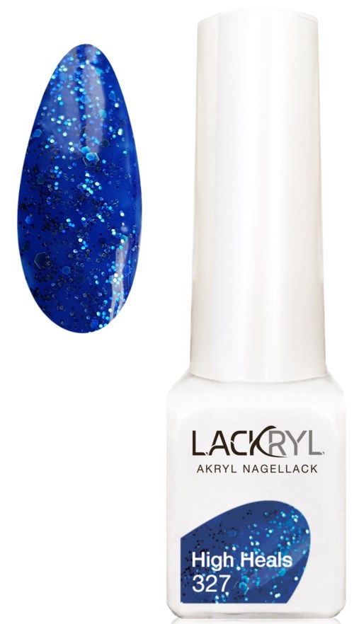 En vit flaska nagellack med blå glitter på etiketten och en provbit av blå glitternagellack.