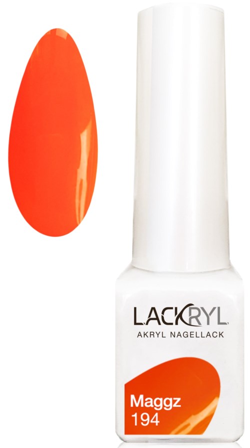 En vit nagellackflaska med orange och vit etikett, och ett orange nagellacksprov bredvid.