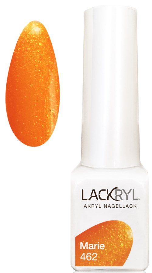 En vit nagellackflaska med orange logo och en klick orange nagellack bredvid.