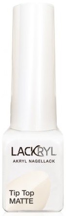 Vit nagellackflaska med svart text som säger "LACRYL" och "Tip Top MATTE".