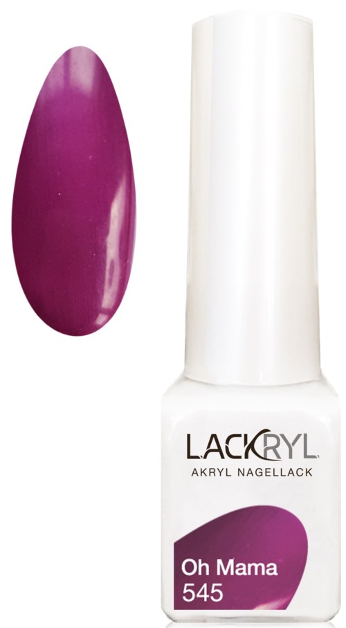 En vit nagellackflaska med en lila oval etikett och en lila nagellacksprov bredvid.
