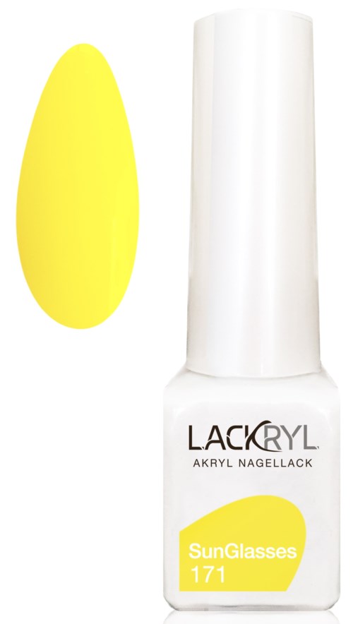 Nagellackflaska i gula och vita färger, märkt 'LACRAL' och 'SunGlasses 171'. En gul nageldesign visas också.
