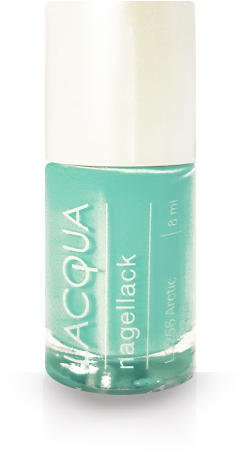 En liten flaska med turkos nagellack och vit kork, märkt "NAQUA" och "magellack".