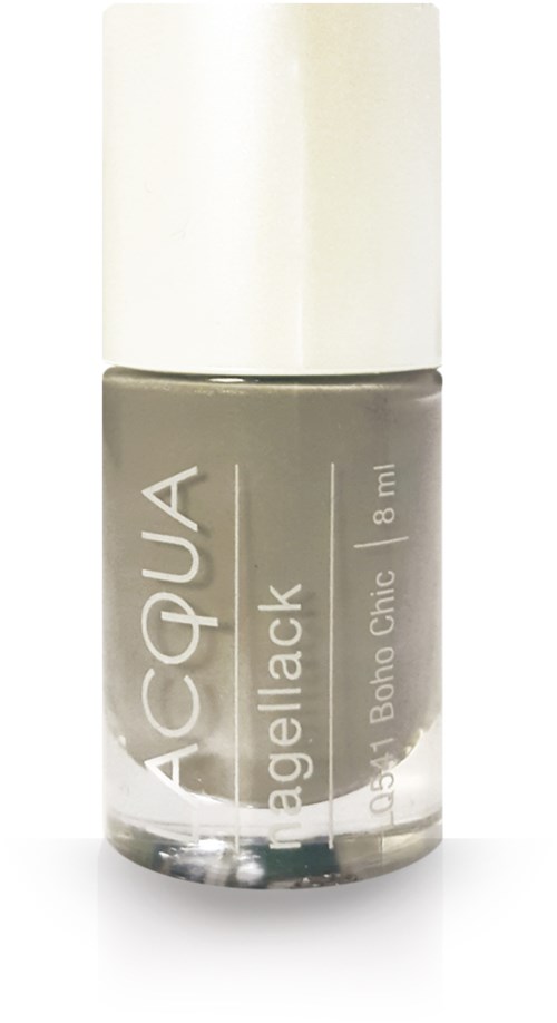 En liten flaska nudefärgad nagellack med vit kork. Märket är Acquad. Text på flaskan är "Basegelack" och "8 ml."