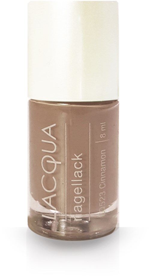 Liten flaska med nagellack i beige-brown färg och vit kork.