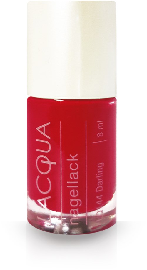 En liten flaska med rött nagellack och vit kork, märkt "LACQUA" och "Nailgelack."