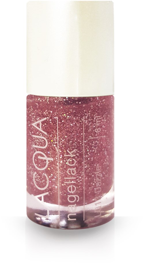 Pink glitter nagellack i en tydlig flaska med vit lock. Etiketten säger "AQUA" och "gelack".