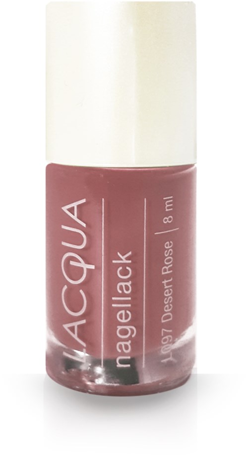 En liten nagellackflaska i rosa färg med vit topp, märkt 'ACQUA' och 'nagellack', med doft 'Dessert Rose'.