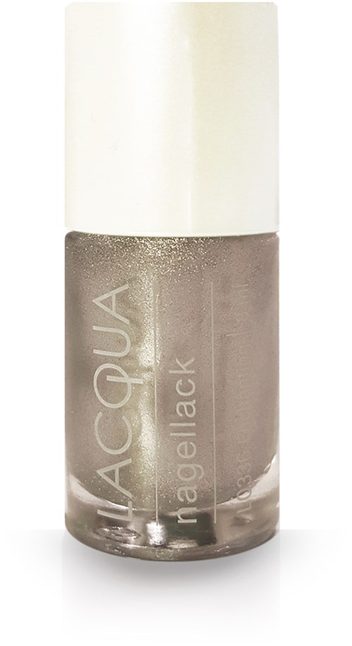 En flaska grå nagellack med vit kork, märkt "HAGELACK" och "AQUA nail."