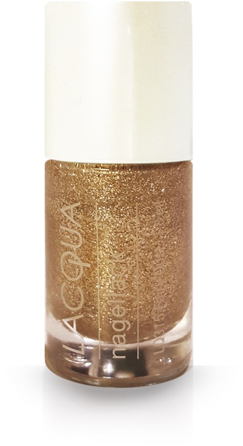 En liten flaska med guldig glitternagellack och vitt lock.