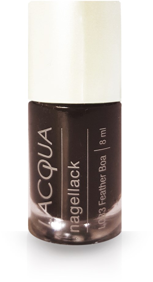 Mörkbrunt nagellackflaska med vit lock, märkt 'Acqua Nagellack'.