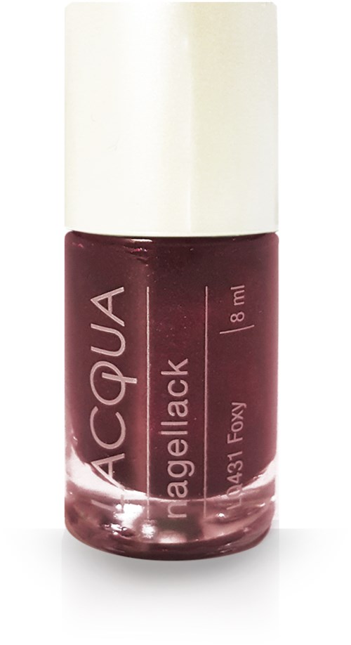 En liten flaska mörkröd nagellack med vit kork, märkt "ACQUA" och "nail gel black".
