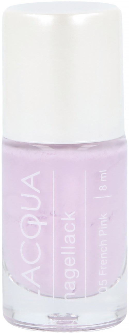 En liten flaska med ljusrosa nagellack med vit kork, märkt "AQUA gelishack".