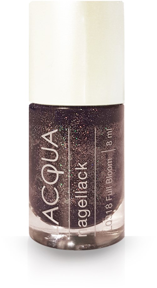 Liten flaska med mörklila nagellack med vit lock, märkt 'ACQUA ageLiack' och produktdetaljer.