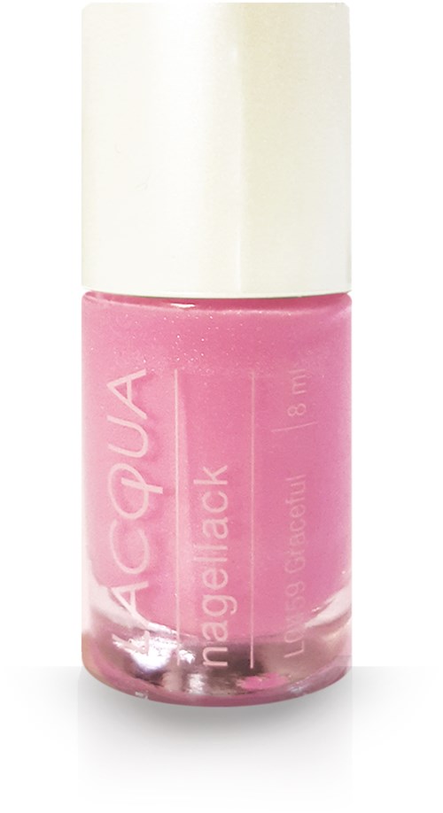 Rosa nagellacksflaska med vit lock, märkt 'MAGIC AQUA'.