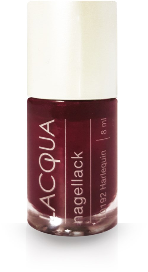 En liten flaska nagellack i mörkröd färg med vitt lock, märkt 'MAGELLACK' av ACQUA, 18 ml.