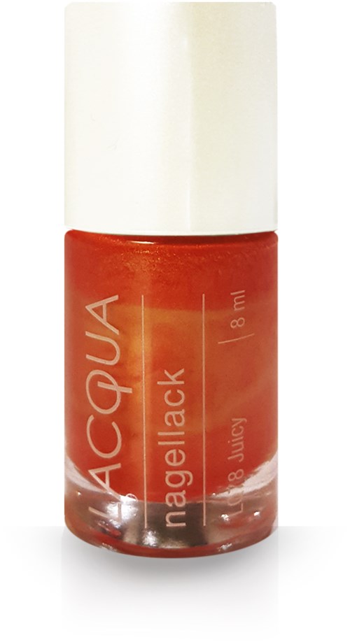 Röd nagellackflaska med vit lock, märket "ACQUA" och etikett "nail lacquer" på den.