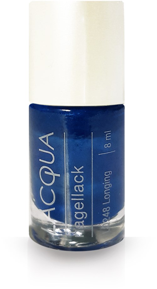 Blå nagellackflaska med vit kapsyl och silvertext, visar märke och volym.