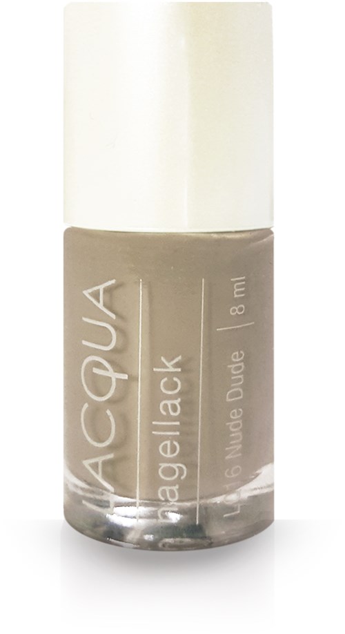 En flaska nagellack i beige med vit täckning och vit text, märkt 'MACQUA Bagellack.'