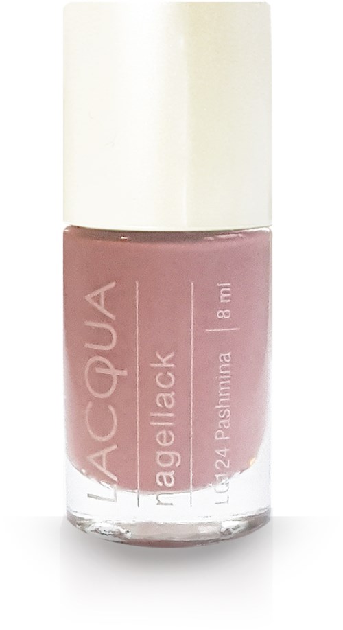 En liten flaska rosa nagellack med vitt lock, märkt 'NAQUEA' och 'nagellack', 18 ml volym.
