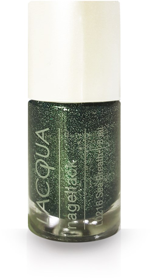 Grön nagellack i en genomskinlig flaska med vit kork, märkt "AQUA MagicGel".