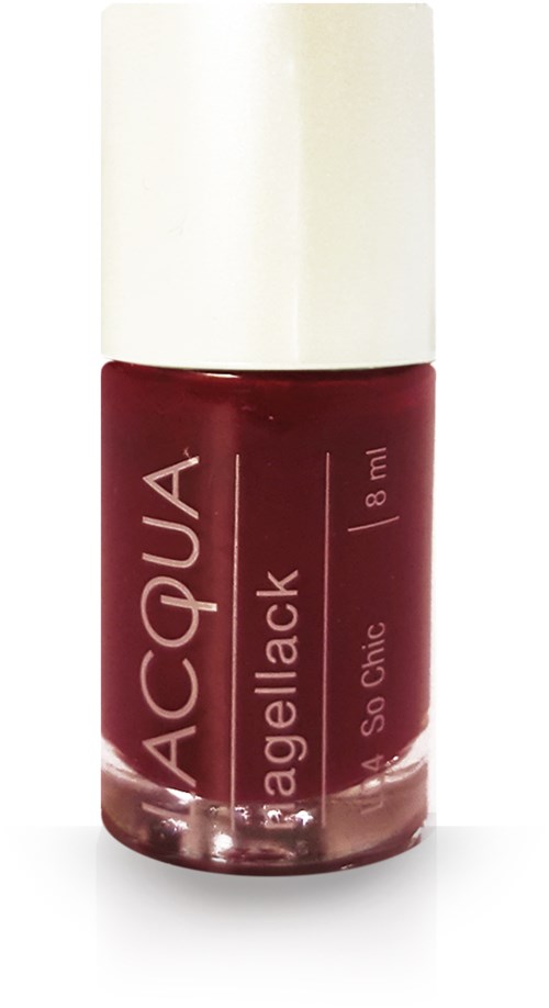 En liten flaska nagellack i mörkröd färg med vit kork, visar märket 'ACQUA' och nyansen 'So Chic.'