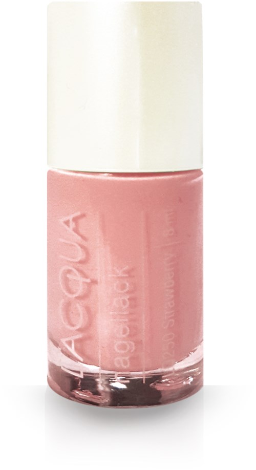 En liten rosa flaska med vit kork, märkt Aqua Nail Color, står upprätt.