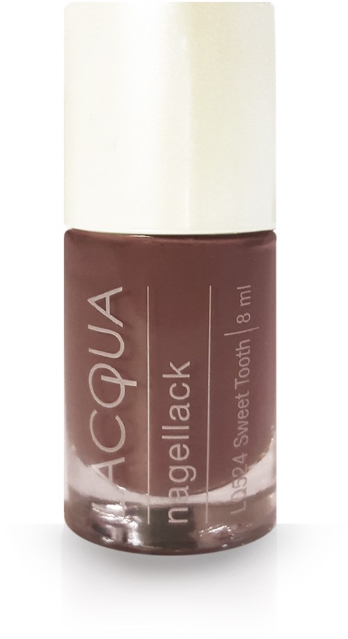 En flaska brunt nagellack med vit lock, märkt 'AQUA', 'Egelack' och '16,8 ml'.