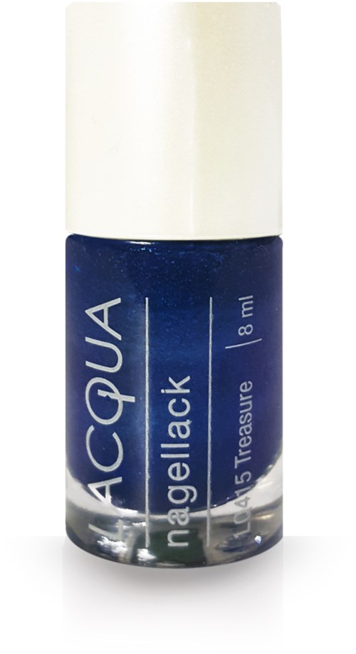 En liten blå nagellackflaska med vit kork, märkt 'ACQUA' och 'nagellack'.