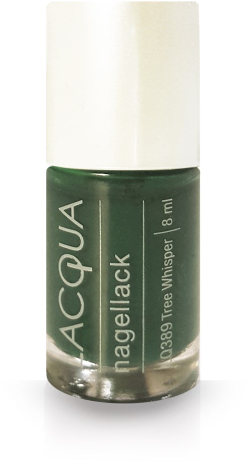 Grön nagellackflaska med vit lock, märkt "ACQUA nailgelack" och "Tree Whisper".