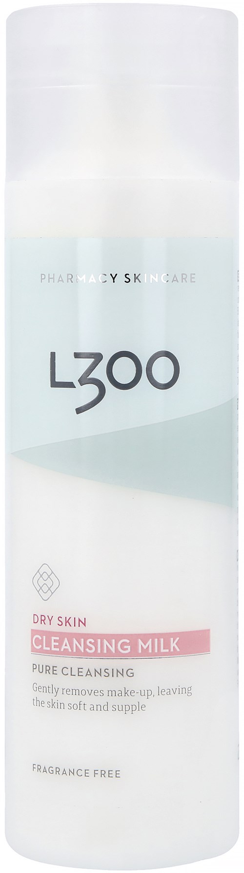 En hög vit flaska med ljusblå och rosa märkningar, märkt 'L3oo Cleansing Milk' för torr hud. Parfymfri.