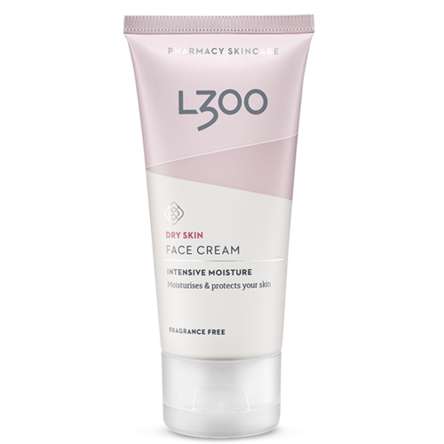 Een tube gezichtscrème met 'LZOO', voor droge huid, geurvrij, hydrateert en beschermt de huid.