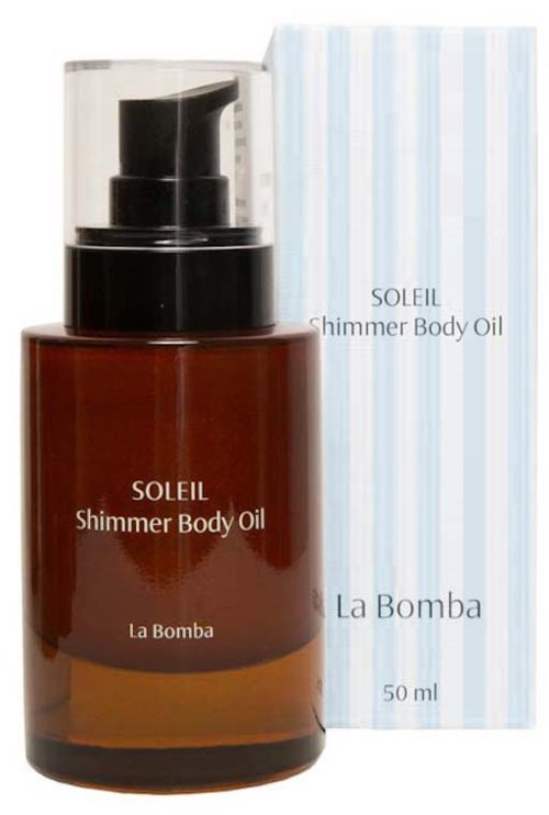 Brązowa butelka Soleil Shimmer Body Oil z czarnym dozownikiem, obok niebiesko-paskowane pudełko.